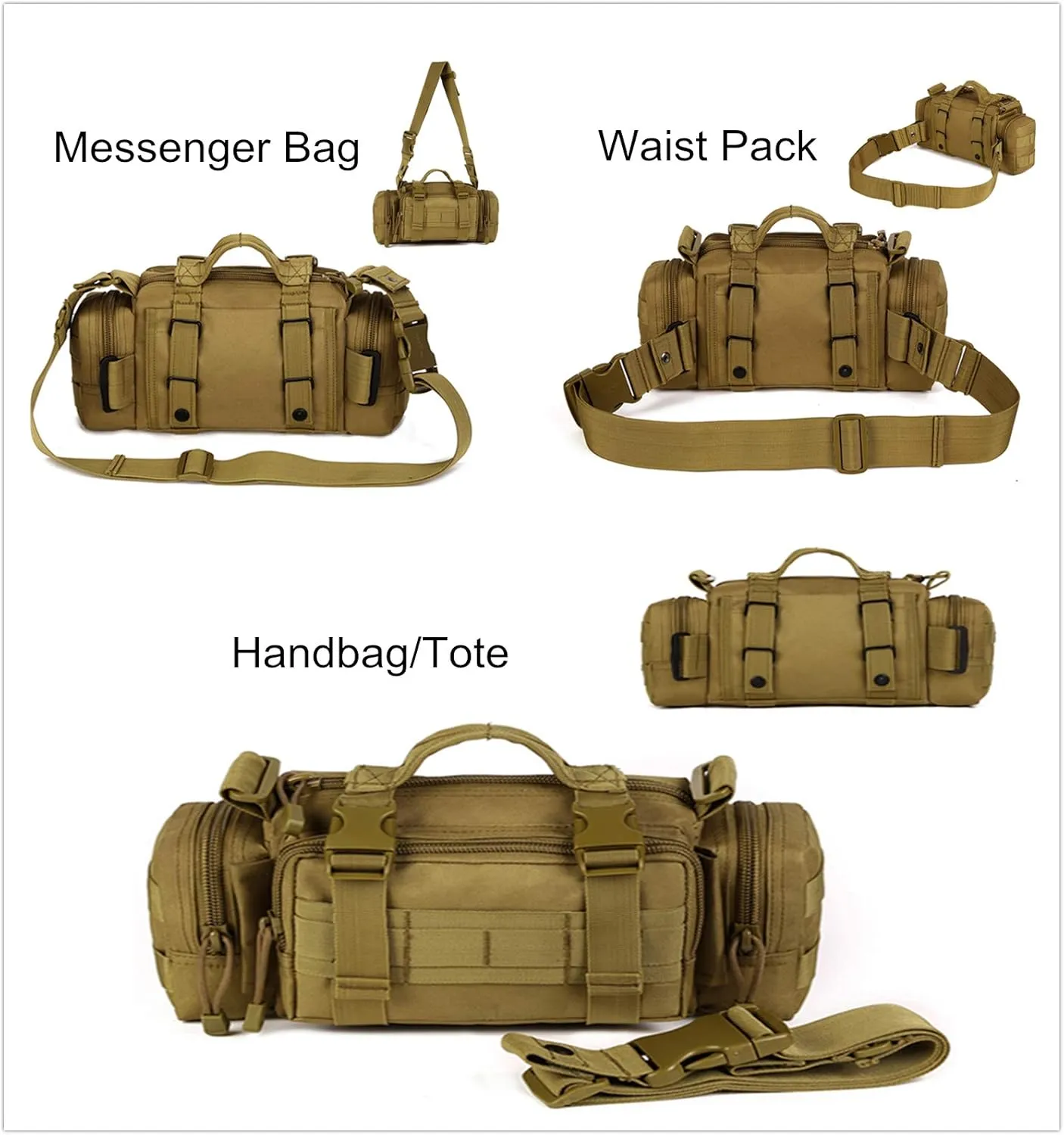 UNISTRENGH Utility 3P Military Tactical Duffle Waist Bags MOLLE Assault Shoulder Backpack Multifunction EDC Pouches Heavy Duty Fanny Packs (Brown)