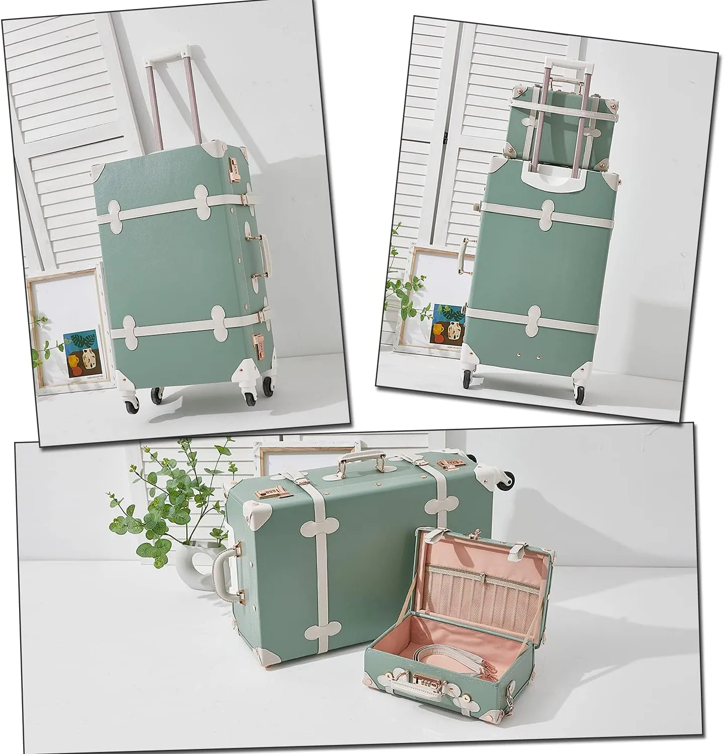 Unitravel 2 Piece Vintage Luggage Set 20 inch Handmade Faux Leather Carry on Suitcase for Women with 12 inch Cosmetic Train Case Handbag (Matcha Green)