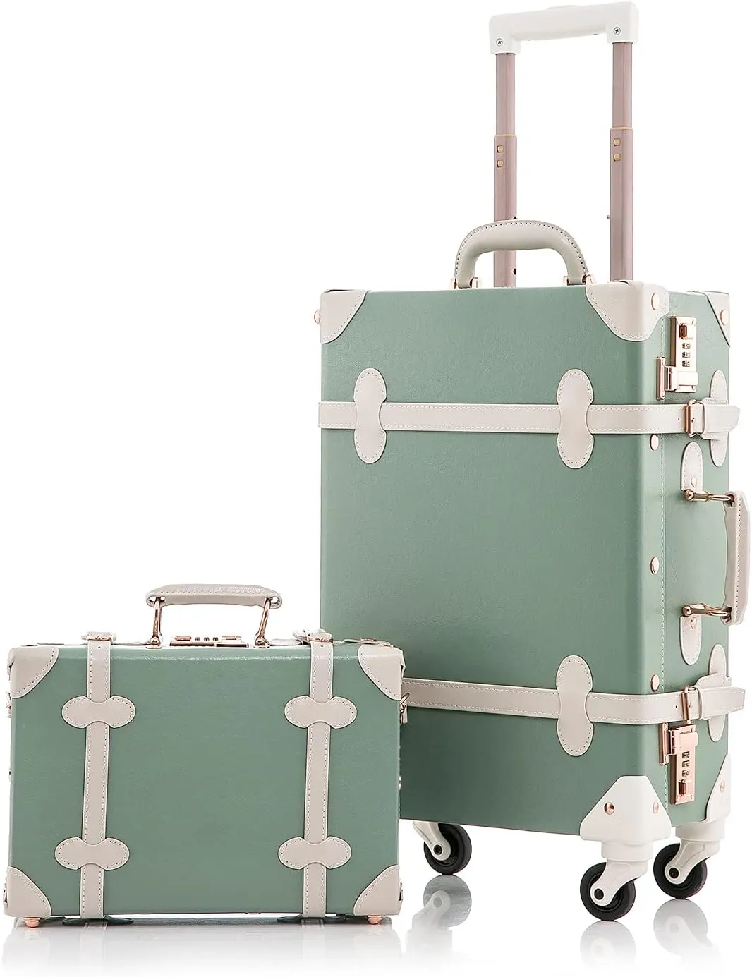 Unitravel 2 Piece Vintage Luggage Set 20 inch Handmade Faux Leather Carry on Suitcase for Women with 12 inch Cosmetic Train Case Handbag (Matcha Green)