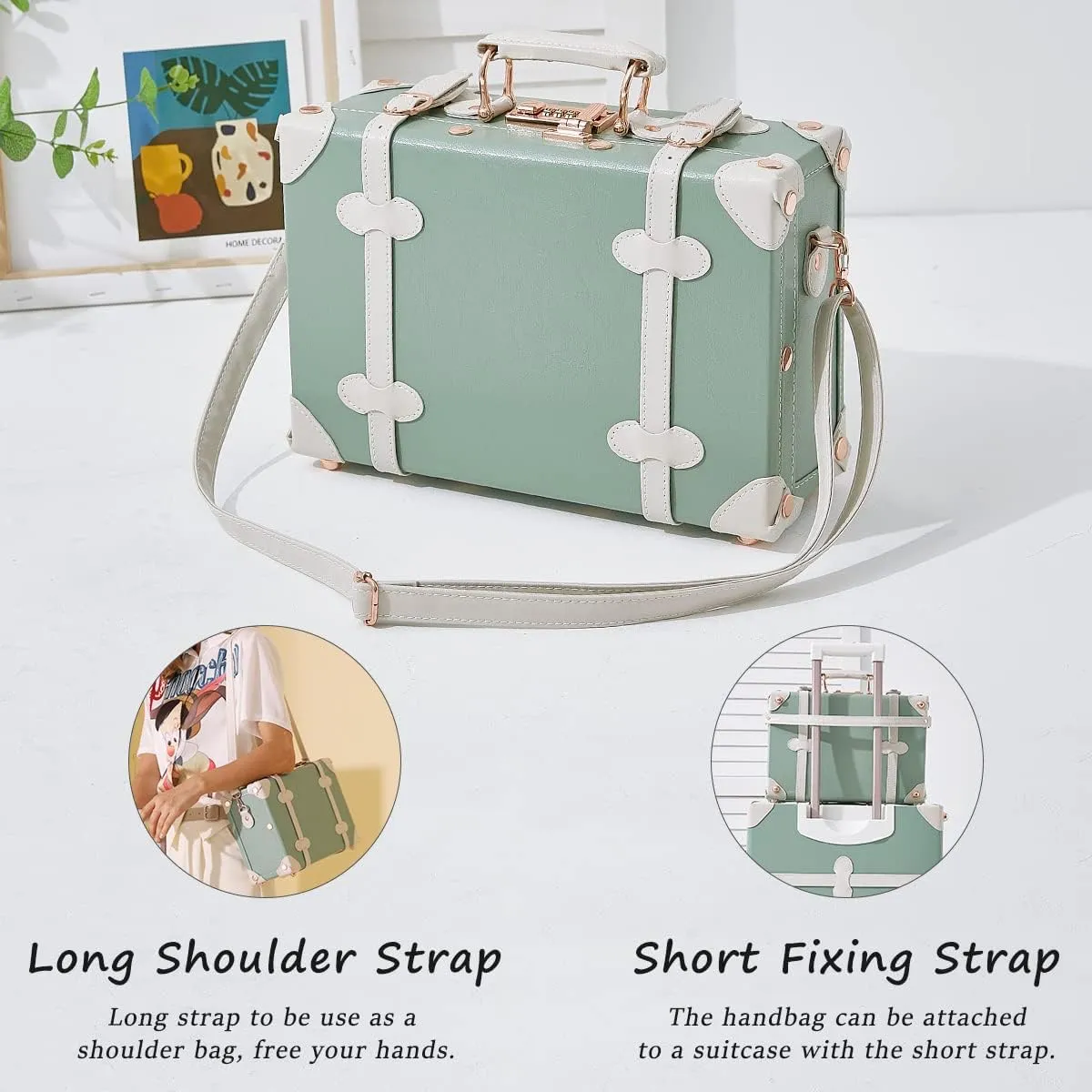 Unitravel 2 Piece Vintage Luggage Set 20 inch Handmade Faux Leather Carry on Suitcase for Women with 12 inch Cosmetic Train Case Handbag (Matcha Green)