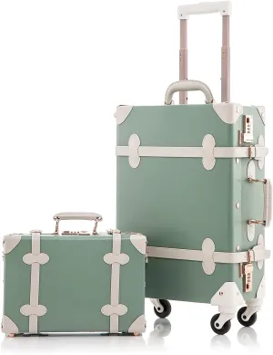 Unitravel 2 Piece Vintage Luggage Set 20 inch Handmade Faux Leather Carry on Suitcase for Women with 12 inch Cosmetic Train Case Handbag (Matcha Green)