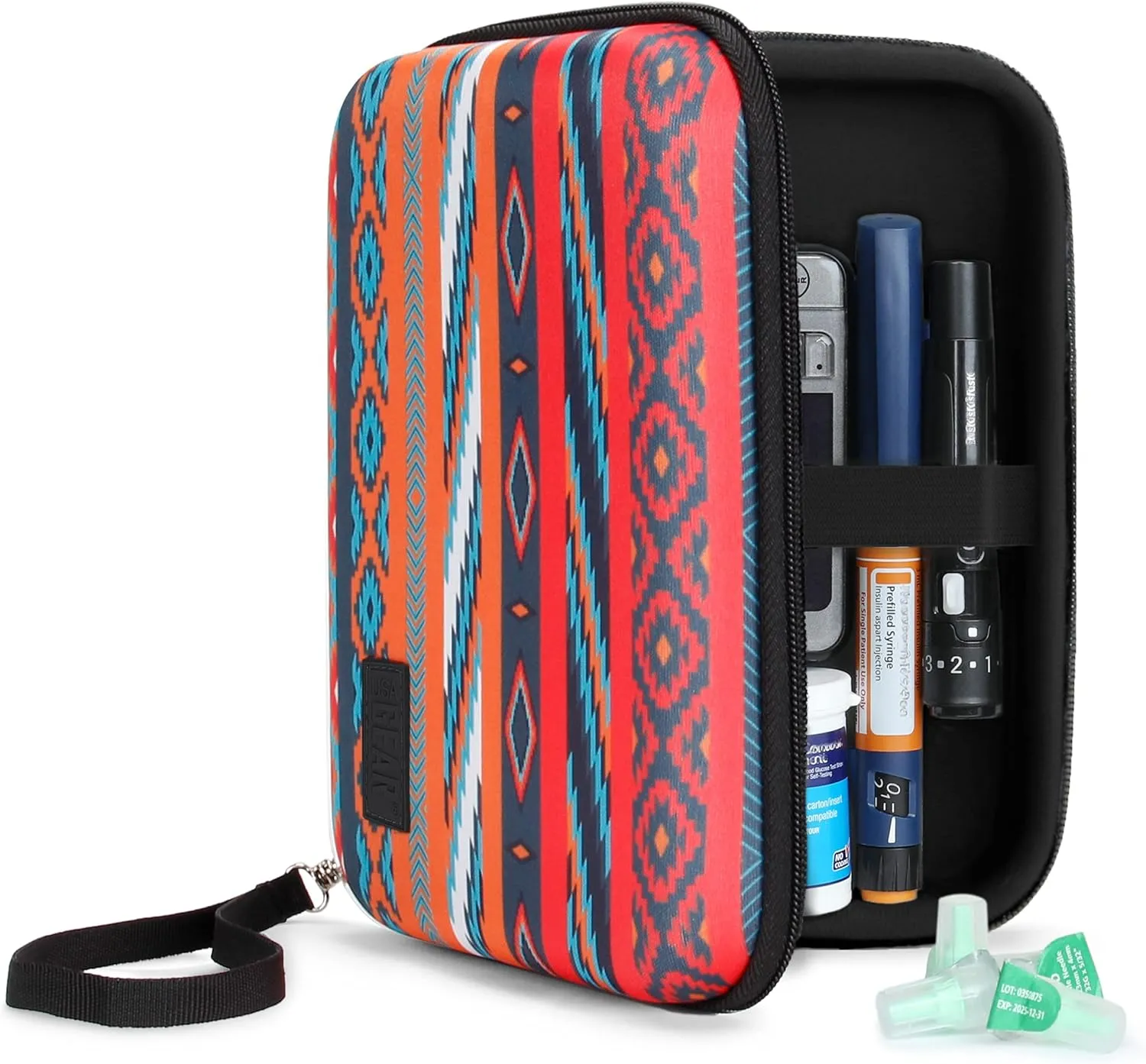 USA Gear Insulin Travel Case Fits Insulin Pen Needles, Lancets for Diabetes Testing, Syringes, Glucose Monitor Kit, Ice Packs(Not Included) & More - Diabetes Carrying Case with Wrist Strap - Southwest