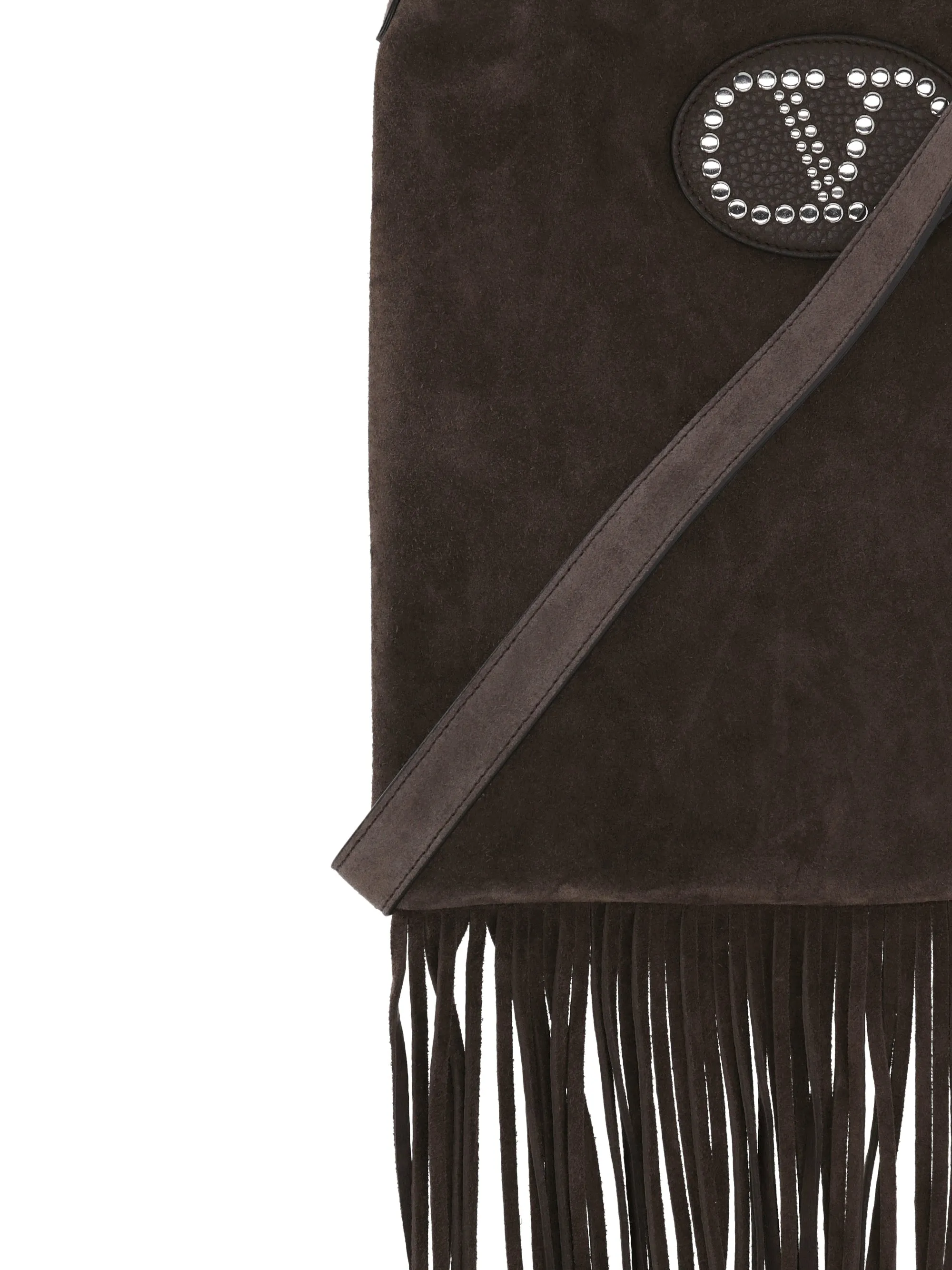 Valentino Garavani V Logo Taupe Brown Fringe Bag
