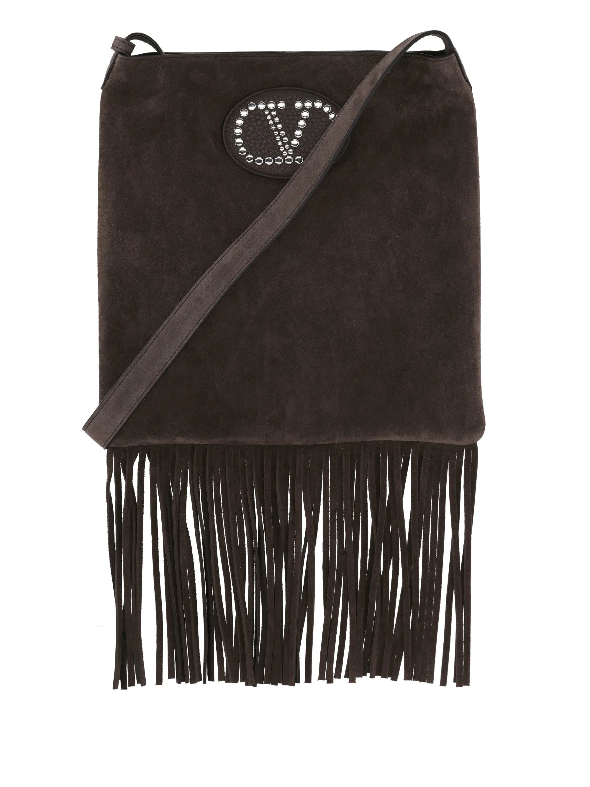 Valentino Garavani V Logo Taupe Brown Fringe Bag