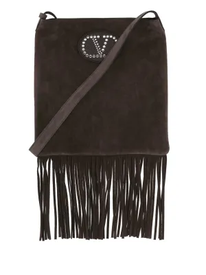 Valentino Garavani V Logo Taupe Brown Fringe Bag