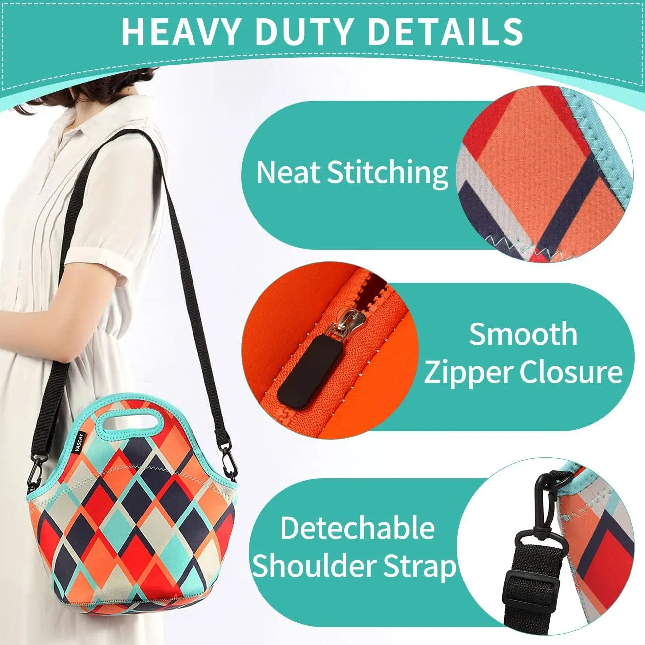 VASCHY Neoprene Lunch Tote Bag Designed by Artist 12.9x13.4x6.3 in with Detachable Adjustable Shoulder Strap for Women in Retro Rhombus