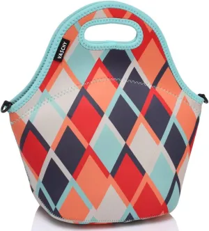 VASCHY Neoprene Lunch Tote Bag Designed by Artist 12.9x13.4x6.3 in with Detachable Adjustable Shoulder Strap for Women in Retro Rhombus