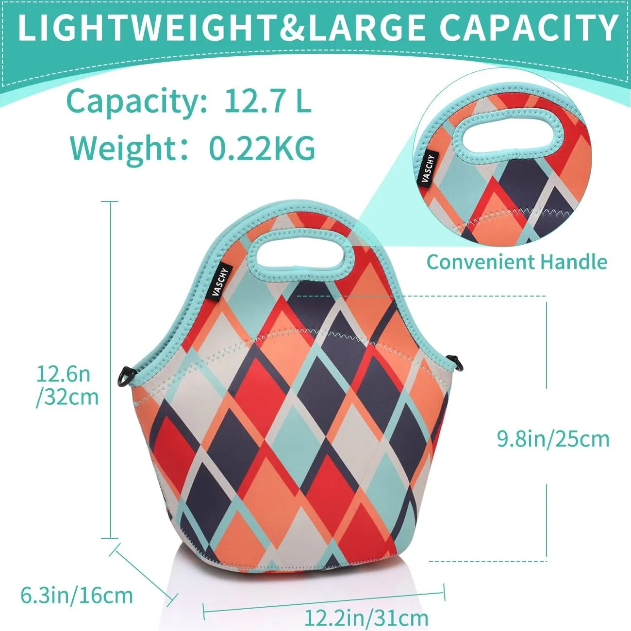 VASCHY Neoprene Lunch Tote Bag Designed by Artist 12.9x13.4x6.3 in with Detachable Adjustable Shoulder Strap for Women in Retro Rhombus