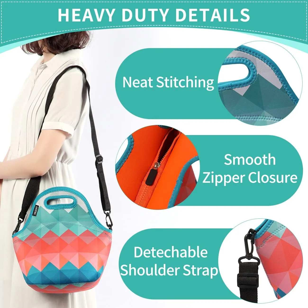 VASCHY Reusable Lunch Tote Bag for Women and Girls Kids Large Capacity with Detachable Adjustable Shoulder Strap for Work in Retro Triangle