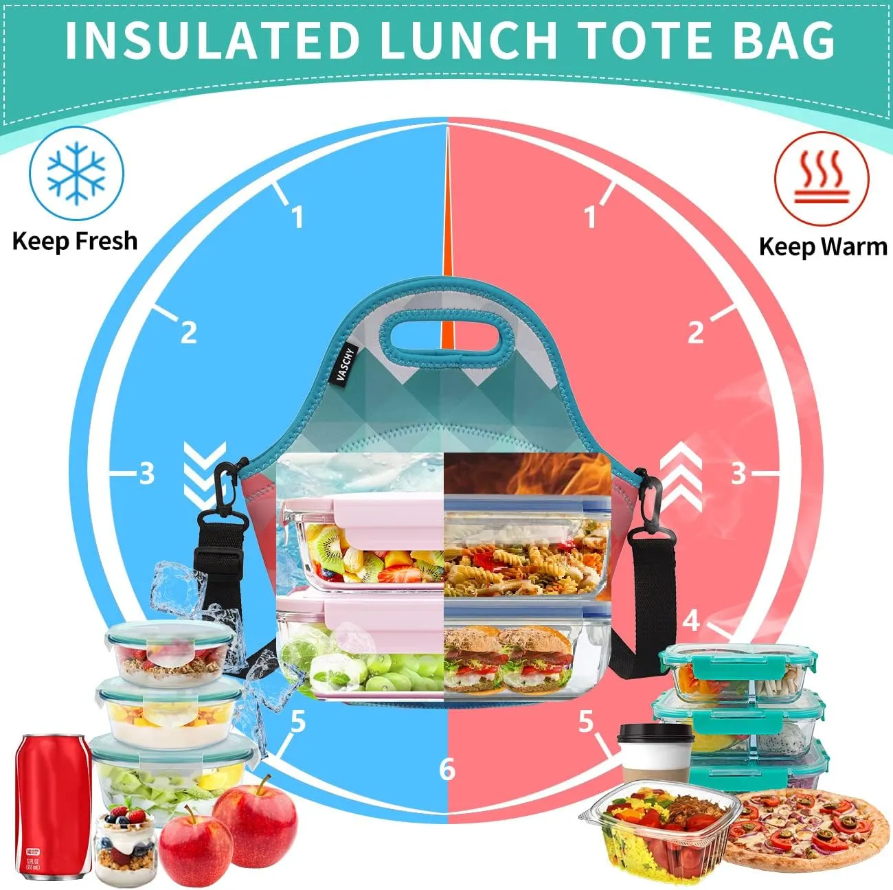 VASCHY Reusable Lunch Tote Bag for Women and Girls Kids Large Capacity with Detachable Adjustable Shoulder Strap for Work in Retro Triangle