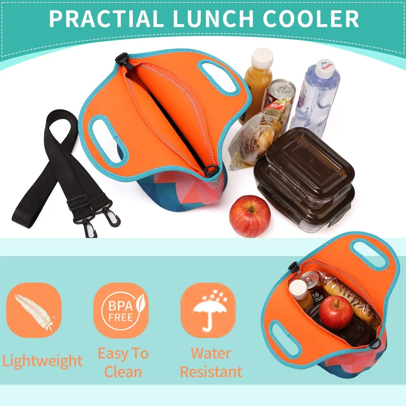 VASCHY Reusable Lunch Tote Bag for Women and Girls Kids Large Capacity with Detachable Adjustable Shoulder Strap for Work in Retro Triangle