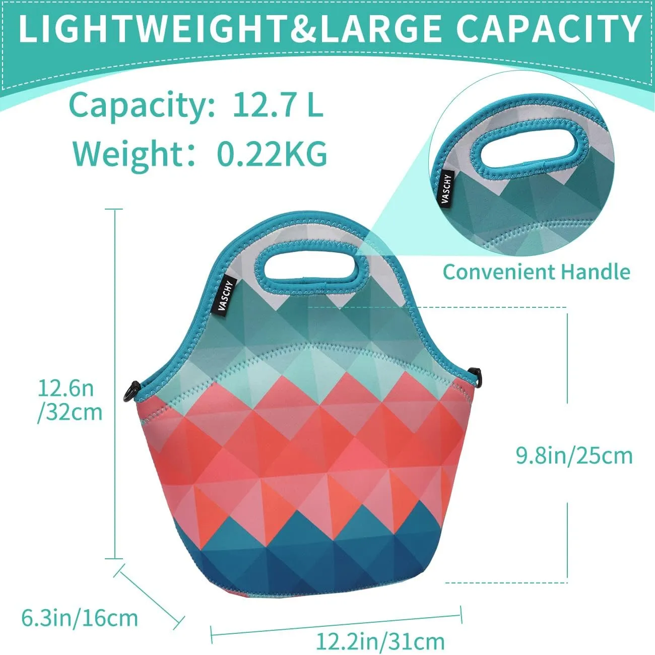 VASCHY Reusable Lunch Tote Bag for Women and Girls Kids Large Capacity with Detachable Adjustable Shoulder Strap for Work in Retro Triangle