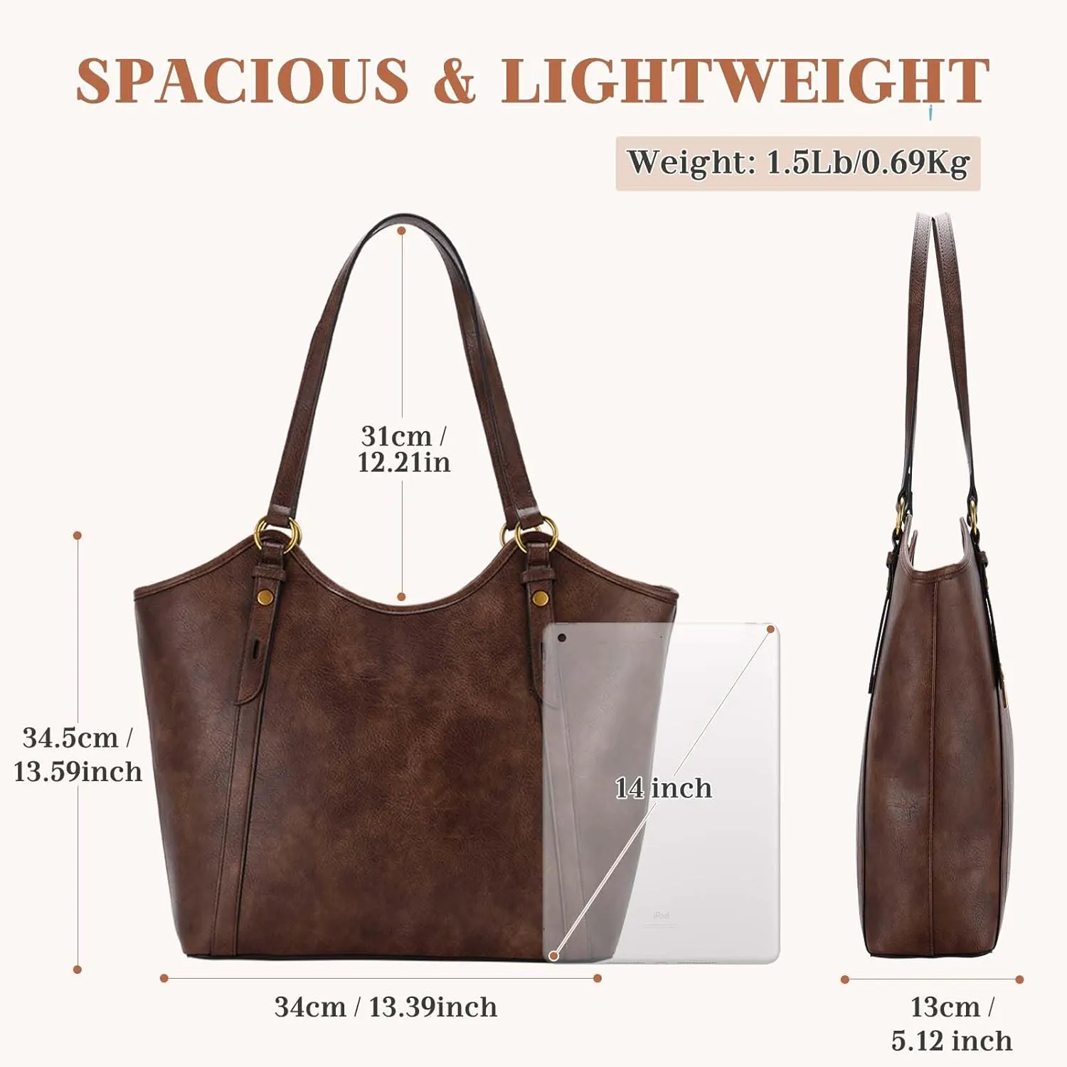 VASCHY Tote Bag Purse for Women, Fashion Large Vegan Leather Top Handle Satchel Shoulder Bag Handbag with Zipper for Work