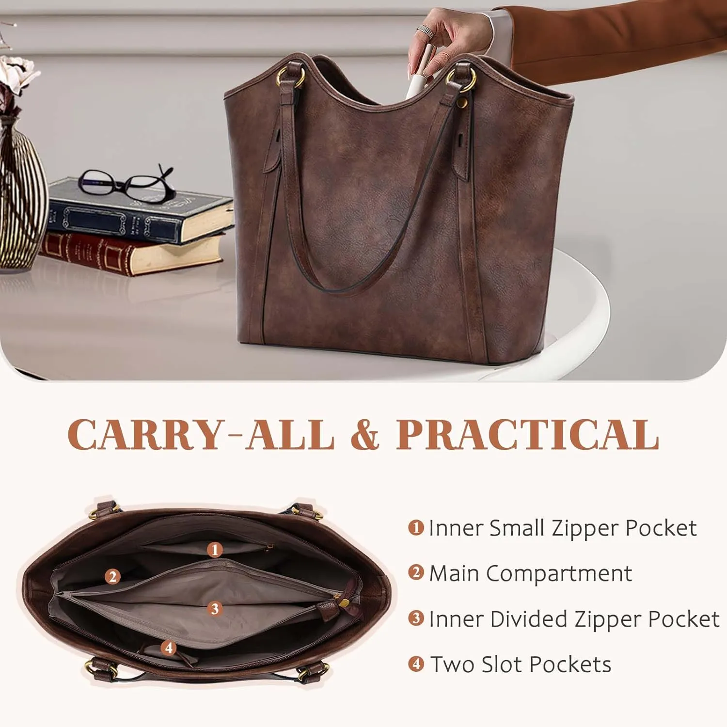 VASCHY Tote Bag Purse for Women, Fashion Large Vegan Leather Top Handle Satchel Shoulder Bag Handbag with Zipper for Work