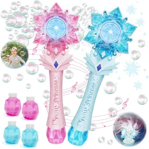 VATOS Bubble Wands 2 Packs for Kids, Automatic Bubble Blower Machine, Light & Music Snowflake Bubble Wand with 2 Windmill & 4 Bottles Bubble Solutions, Bubble Toy for Toddler Girl Boys Adult Party