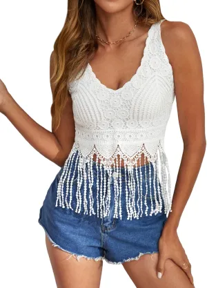 Verdusa 70s Outfits for Women Guipure Fringe V Neck Sleevelss Crop Tank Tops