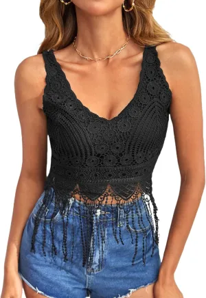 Verdusa 70s Outfits for Women Guipure Fringe V Neck Sleevelss Crop Tank Tops