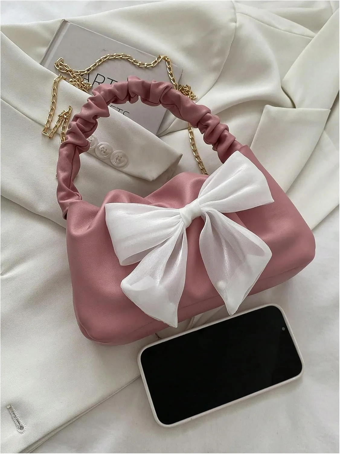 Verdusa Women's Bow Ruched Strap Handbag Elegant Top Handle Chain Crossbody Bag
