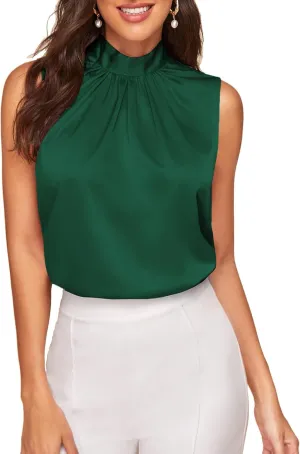Verdusa Women's Elegant Tie Back Sleeveless Pleated Mock Neck Satin Blouse Top