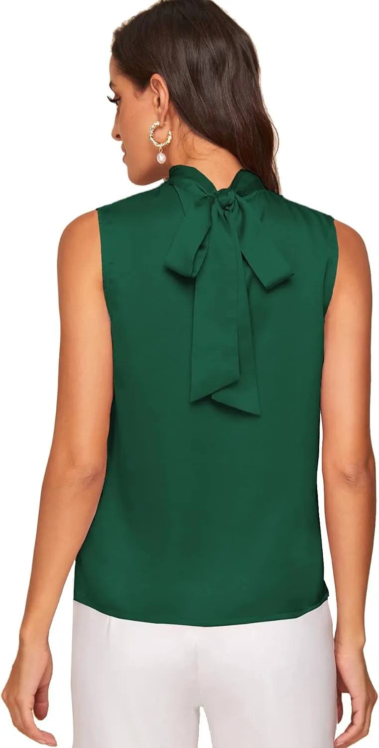 Verdusa Women's Elegant Tie Back Sleeveless Pleated Mock Neck Satin Blouse Top