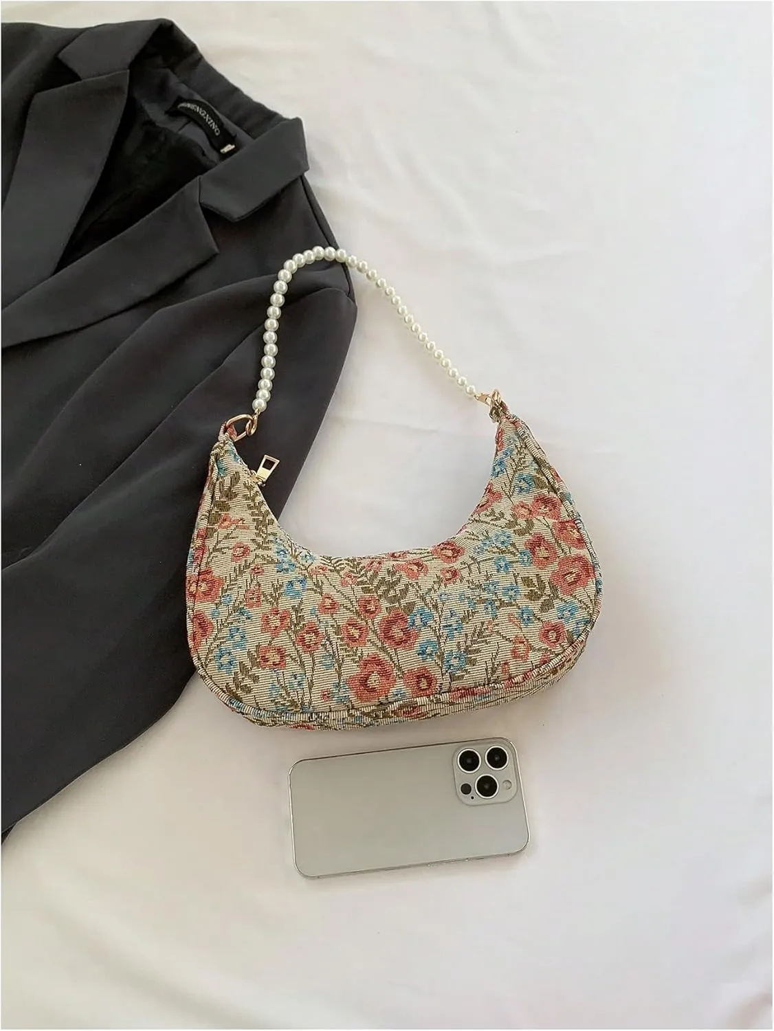 Verdusa Women's Pearl Top Handle Shoulder Handbag Floral Hobo Bag