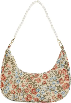 Verdusa Women's Pearl Top Handle Shoulder Handbag Floral Hobo Bag