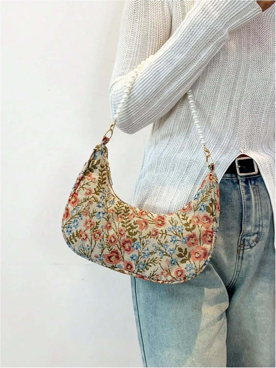 Verdusa Women's Pearl Top Handle Shoulder Handbag Floral Hobo Bag
