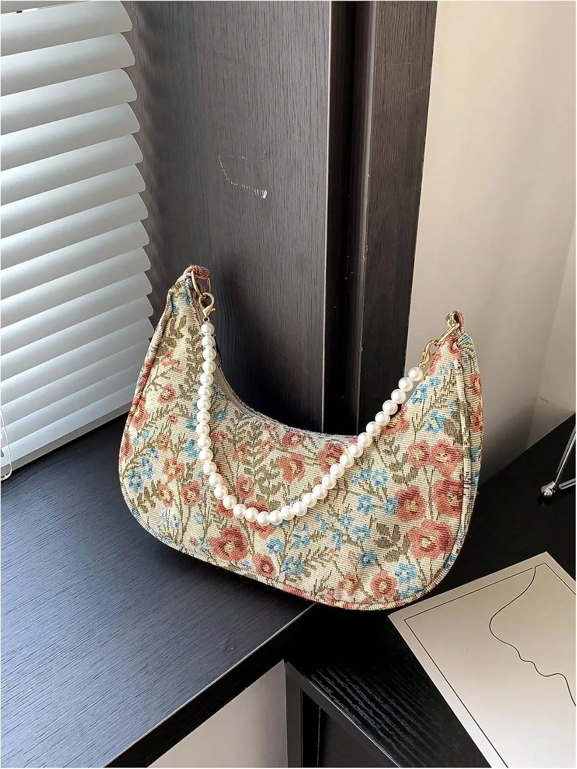 Verdusa Women's Pearl Top Handle Shoulder Handbag Floral Hobo Bag