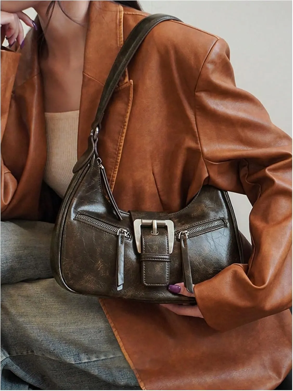 Verdusa Women's Vintage PU Leather Shoulder Bag Zipper Underarm Bags
