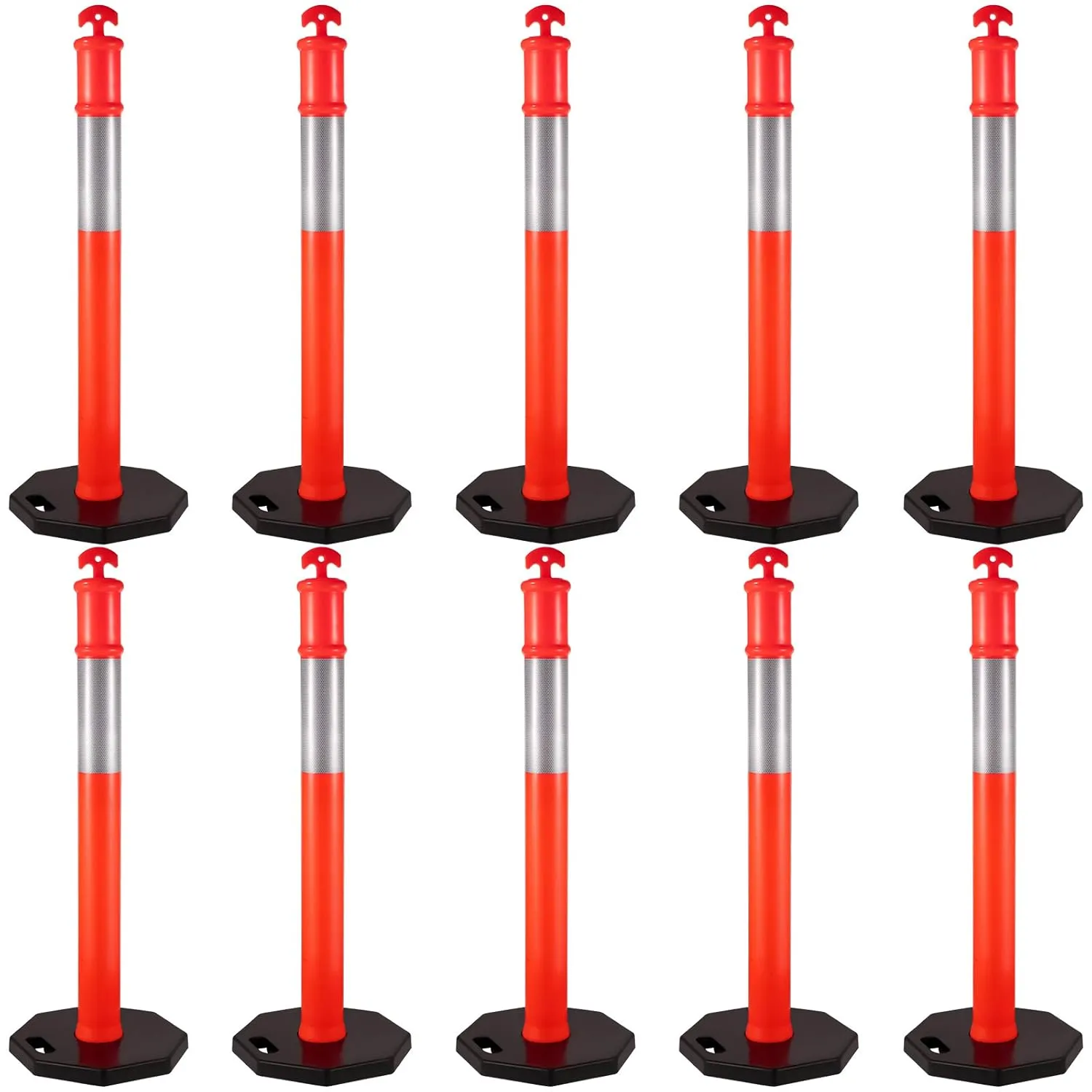 VEVOR 10Pack Traffic Delineator Posts 44 Inch Height, PE Channelizer Cones Post Kit 10 inch Reflective Band, Delineators Post with Rubber Base 16 inch for Construction Sites, Facility Management etc