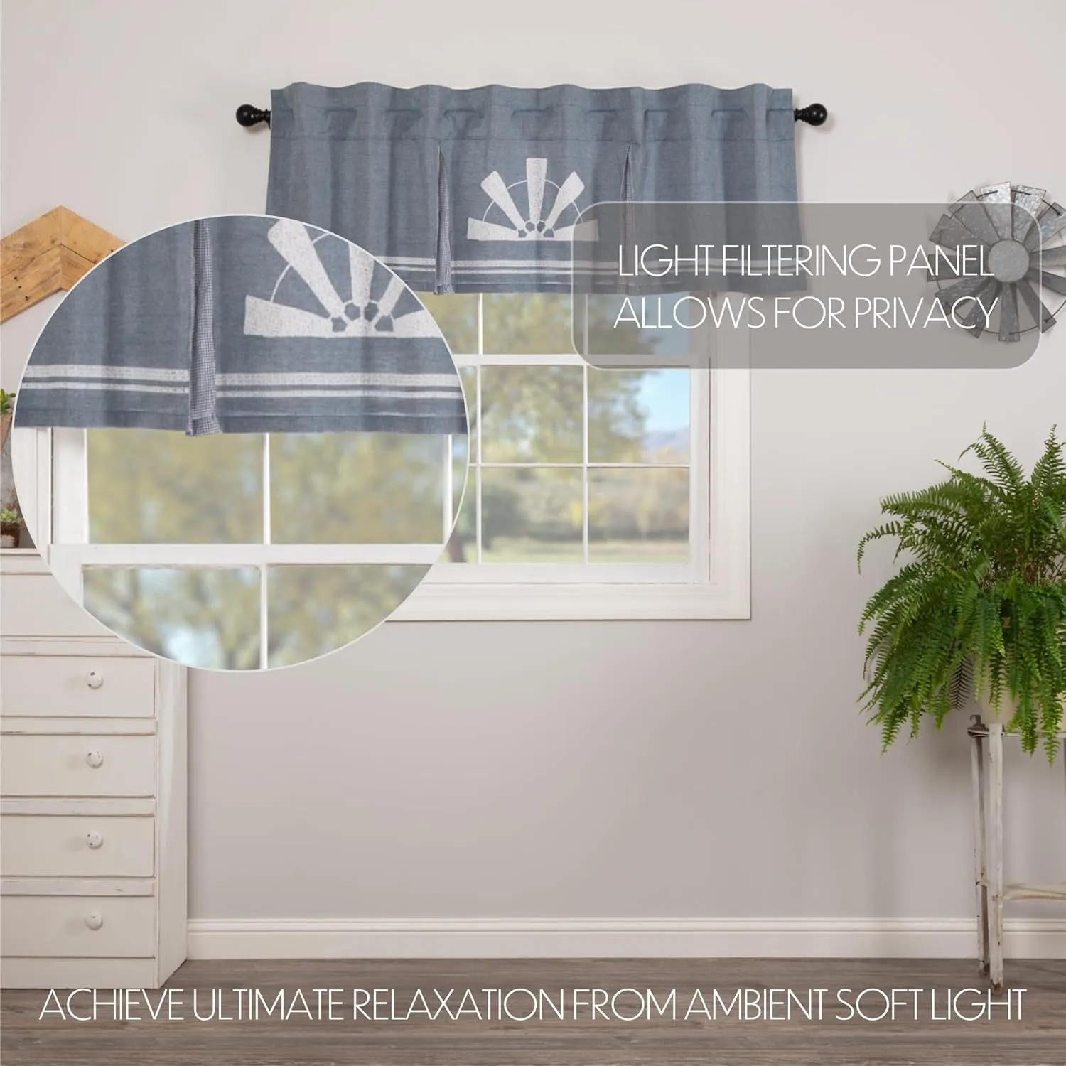 VHC Brands Farmhouse Kitchen Sawyer Mill Windmill Rod Pocket Cotton Hanging Loops Stenciled Chambray Graphic/Print 20x72 Curtain, Valance, Blue