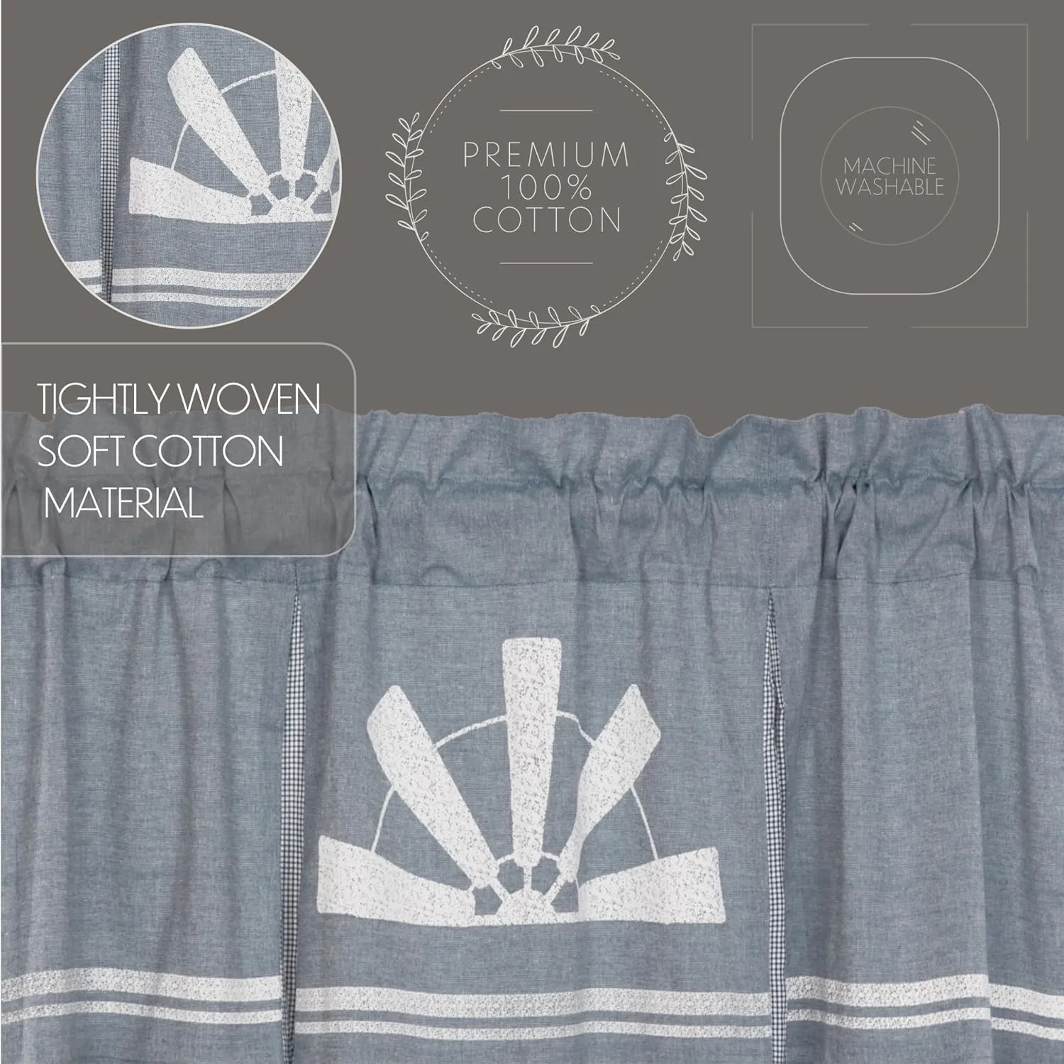 VHC Brands Farmhouse Kitchen Sawyer Mill Windmill Rod Pocket Cotton Hanging Loops Stenciled Chambray Graphic/Print 20x72 Curtain, Valance, Blue