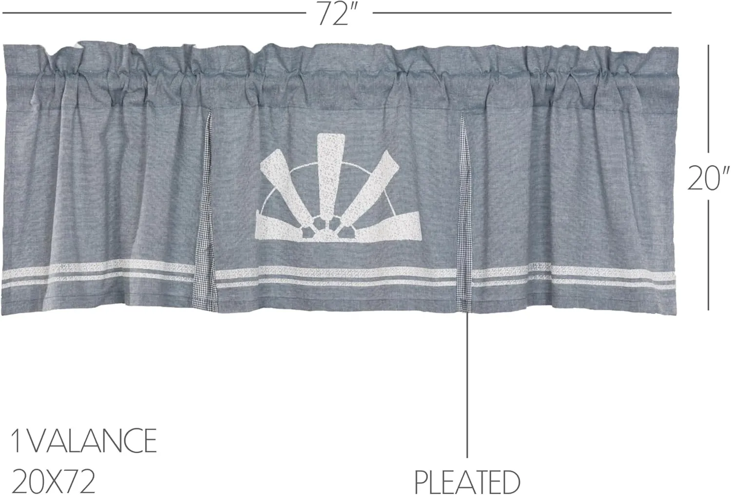 VHC Brands Farmhouse Kitchen Sawyer Mill Windmill Rod Pocket Cotton Hanging Loops Stenciled Chambray Graphic/Print 20x72 Curtain, Valance, Blue