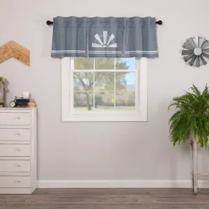 VHC Brands Farmhouse Kitchen Sawyer Mill Windmill Rod Pocket Cotton Hanging Loops Stenciled Chambray Graphic/Print 20x72 Curtain, Valance, Blue