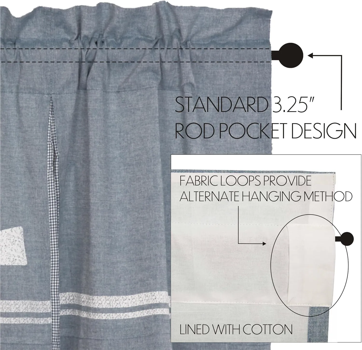 VHC Brands Farmhouse Kitchen Sawyer Mill Windmill Rod Pocket Cotton Hanging Loops Stenciled Chambray Graphic/Print 20x72 Curtain, Valance, Blue