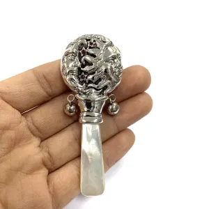 Victorian Style Day & Night Baby Rattle with Ruby Stone Mother of pearl Handle