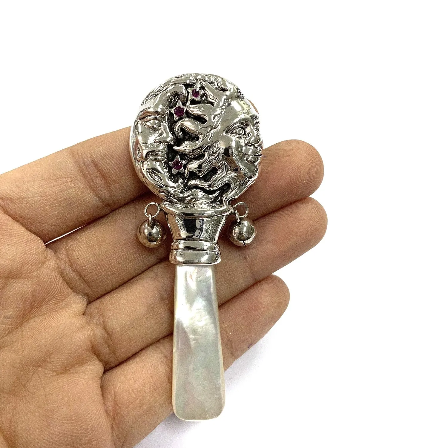 Victorian Style Day & Night Baby Rattle with Ruby Stone Mother of pearl Handle