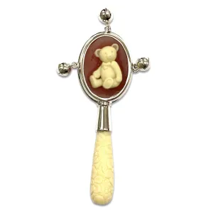 Victorian Style Teddy Bear Red Cameo Baby Rattle with Carved Resin Handle