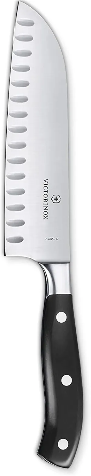 Victorinox Grand Maitre Santoku Knife - Ergonomic Sharp Chopping Knife for Kitchen Essentials - Black Handle, Granton Edge, 7"