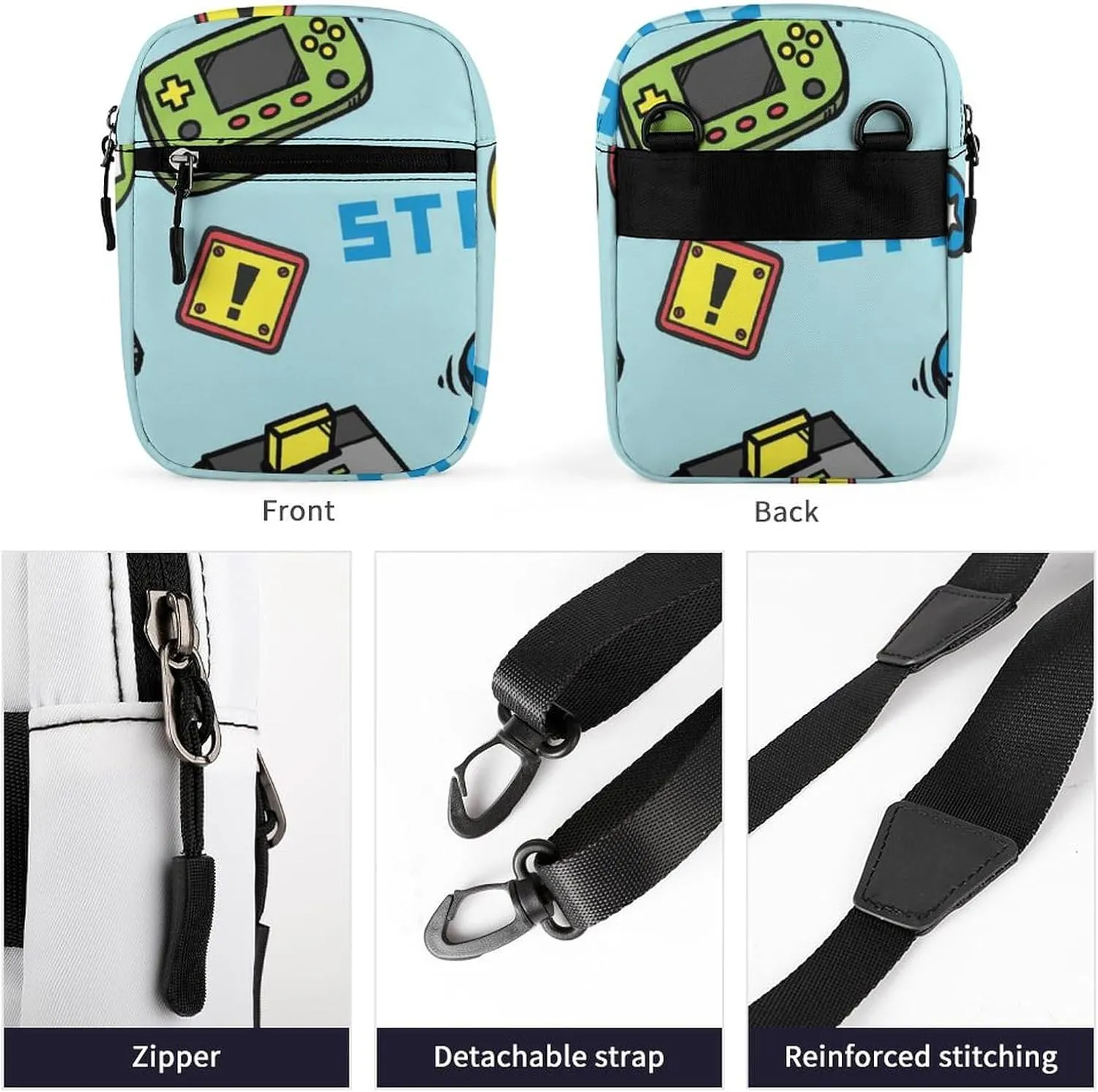 Video Game Seamless on Turquoise Adjustable Fanny Waist Pack Pouch, Waterproof Crossbody Runners Bag Wallet for Gym Hiking Fitness Women Men 6.1 x 2.2 x 7.9 inch