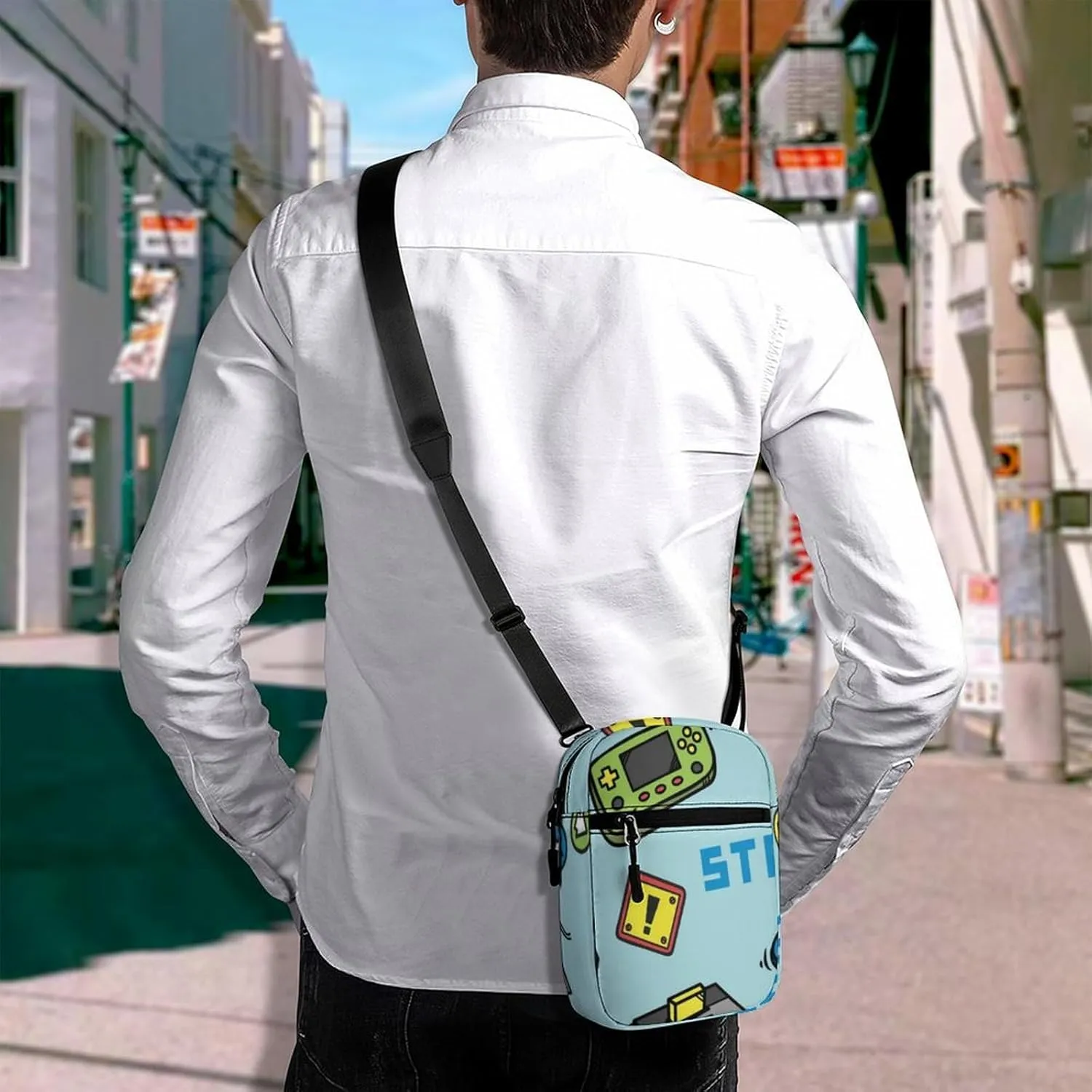 Video Game Seamless on Turquoise Adjustable Fanny Waist Pack Pouch, Waterproof Crossbody Runners Bag Wallet for Gym Hiking Fitness Women Men 6.1 x 2.2 x 7.9 inch