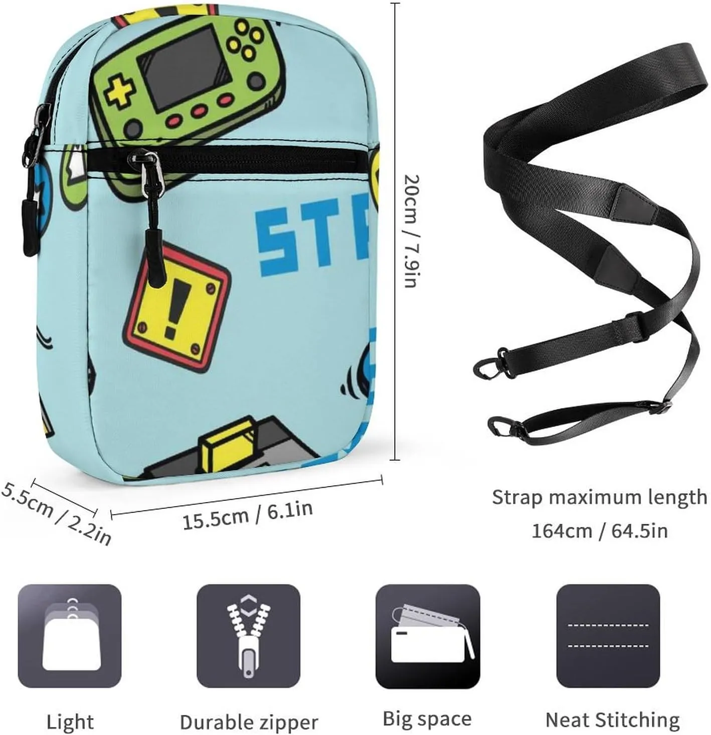 Video Game Seamless on Turquoise Adjustable Fanny Waist Pack Pouch, Waterproof Crossbody Runners Bag Wallet for Gym Hiking Fitness Women Men 6.1 x 2.2 x 7.9 inch
