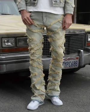 Vintage Distressed Blue Stacked Jeans with Tassel-Mexico Local Delivery
