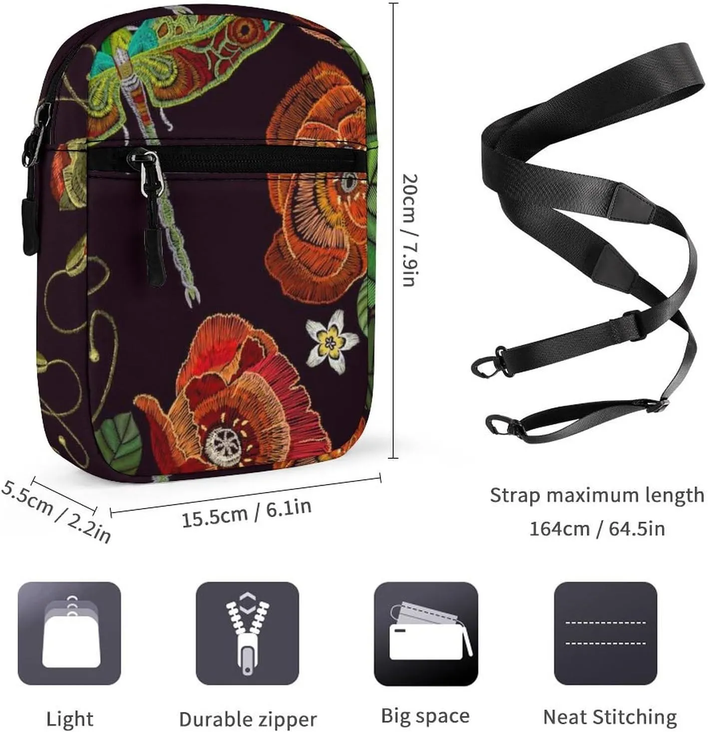 Vintage Embroidery Red Poppies Peonies Green Dragonflies on Dark Adjustable Fanny Waist Pack Pouch, Waterproof Crossbody Runners Bag Wallet for Gym Hiking Fitness Women Men 6.1 x 2.2 x 7.9 inch