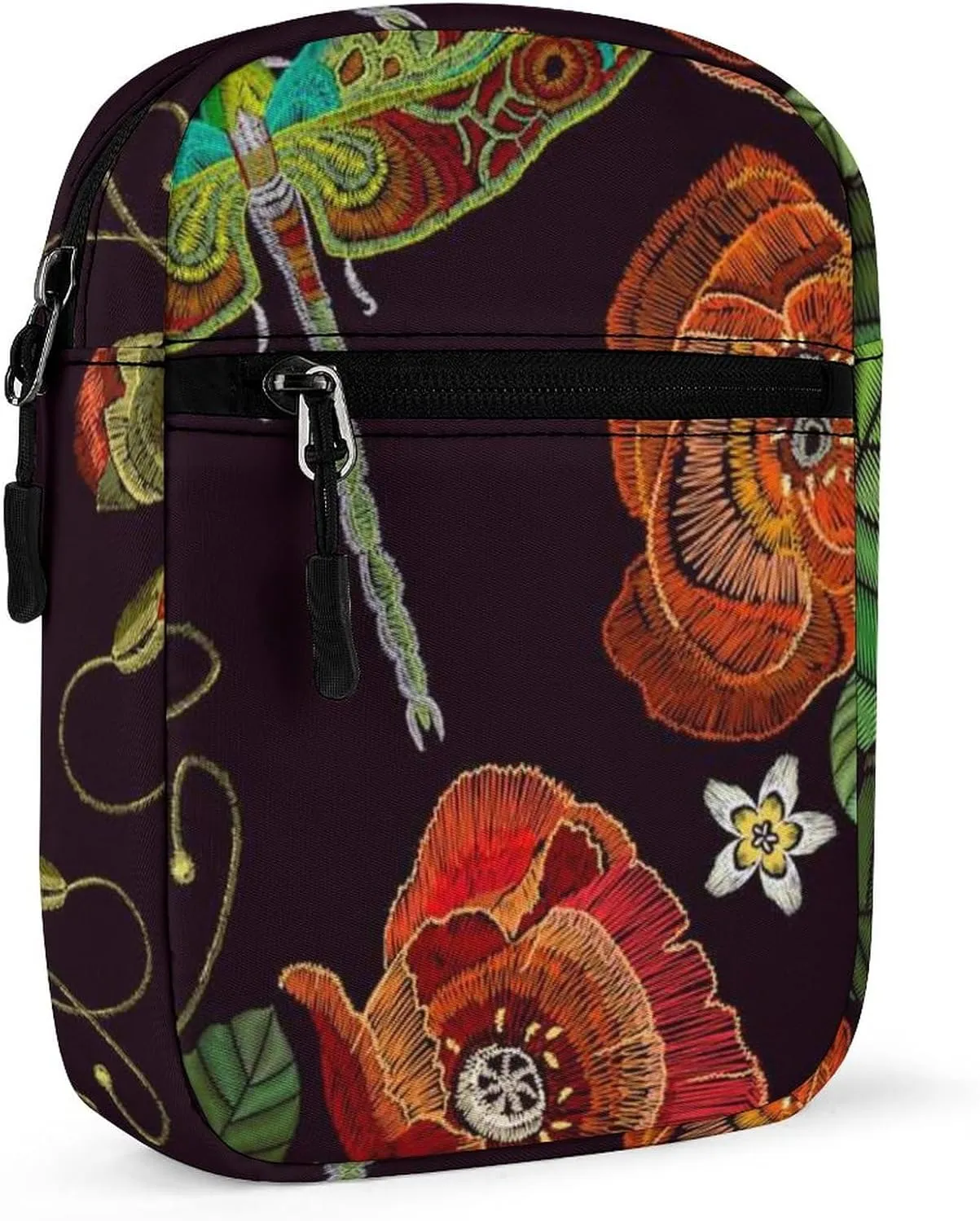 Vintage Embroidery Red Poppies Peonies Green Dragonflies on Dark Adjustable Fanny Waist Pack Pouch, Waterproof Crossbody Runners Bag Wallet for Gym Hiking Fitness Women Men 6.1 x 2.2 x 7.9 inch