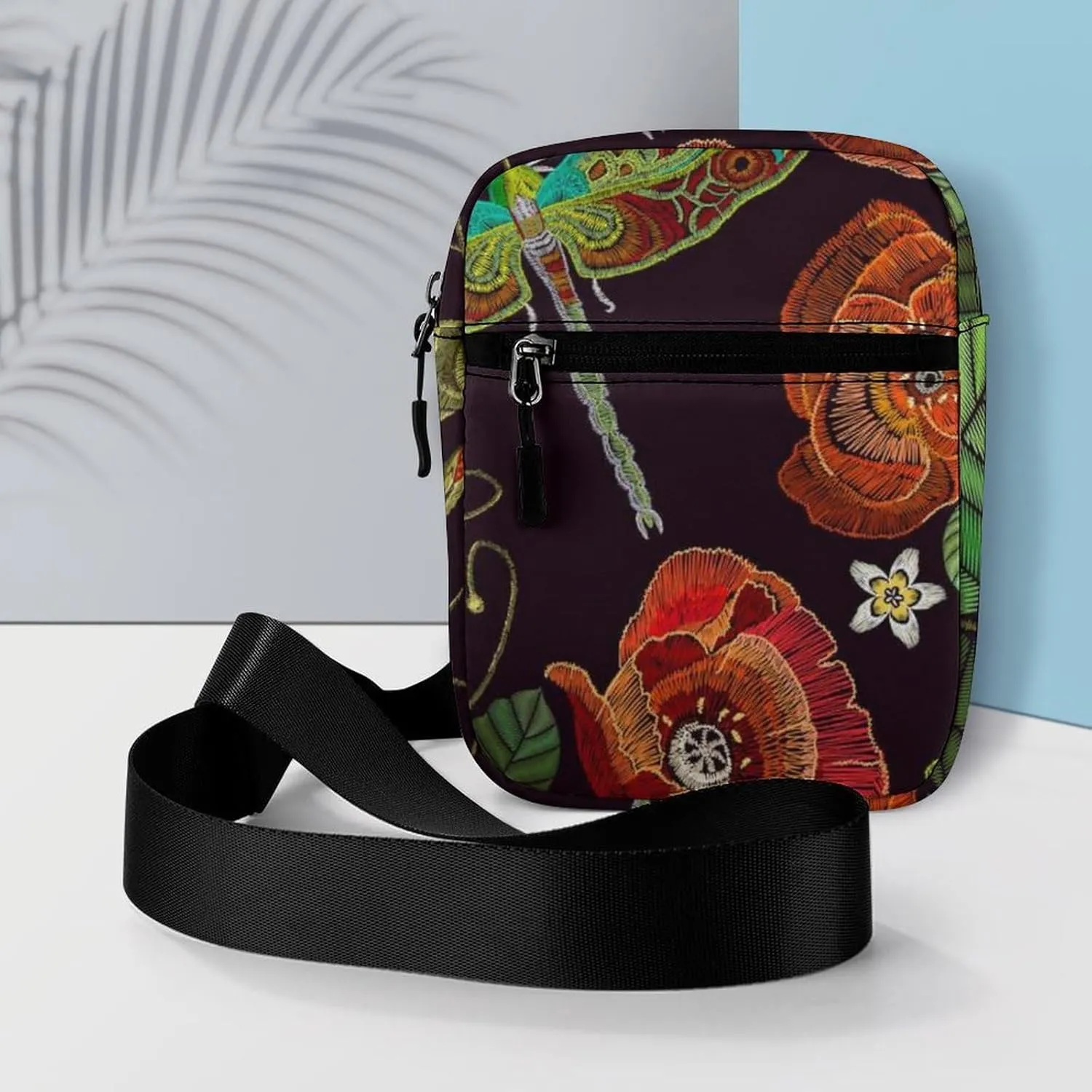 Vintage Embroidery Red Poppies Peonies Green Dragonflies on Dark Adjustable Fanny Waist Pack Pouch, Waterproof Crossbody Runners Bag Wallet for Gym Hiking Fitness Women Men 6.1 x 2.2 x 7.9 inch