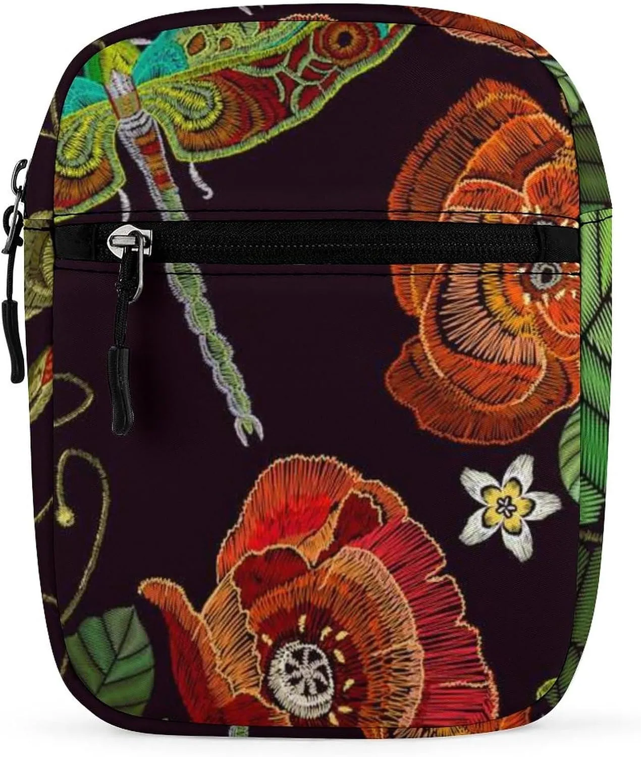 Vintage Embroidery Red Poppies Peonies Green Dragonflies on Dark Adjustable Fanny Waist Pack Pouch, Waterproof Crossbody Runners Bag Wallet for Gym Hiking Fitness Women Men 6.1 x 2.2 x 7.9 inch