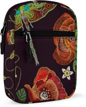 Vintage Embroidery Red Poppies Peonies Green Dragonflies on Dark Adjustable Fanny Waist Pack Pouch, Waterproof Crossbody Runners Bag Wallet for Gym Hiking Fitness Women Men 6.1 x 2.2 x 7.9 inch