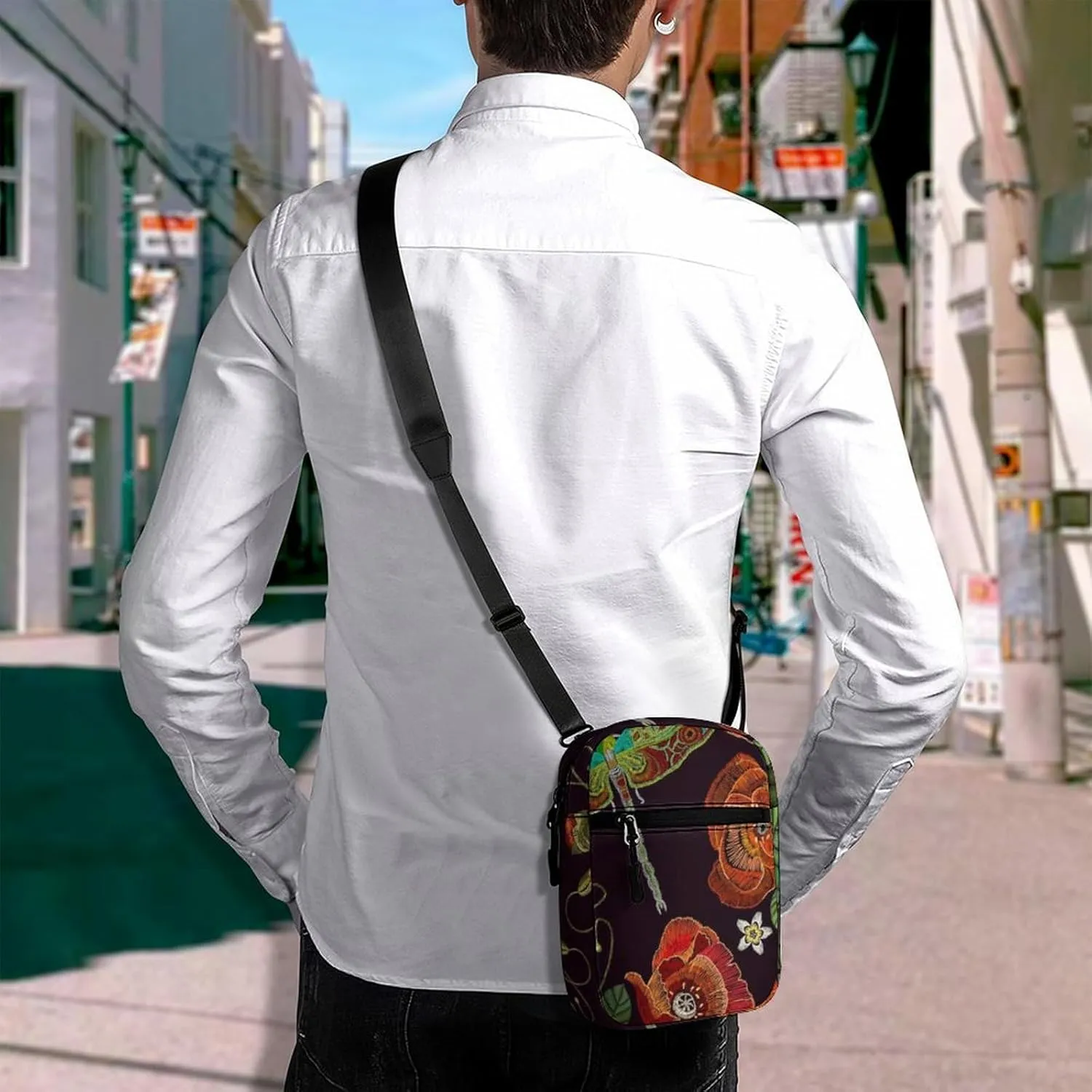 Vintage Embroidery Red Poppies Peonies Green Dragonflies on Dark Adjustable Fanny Waist Pack Pouch, Waterproof Crossbody Runners Bag Wallet for Gym Hiking Fitness Women Men 6.1 x 2.2 x 7.9 inch