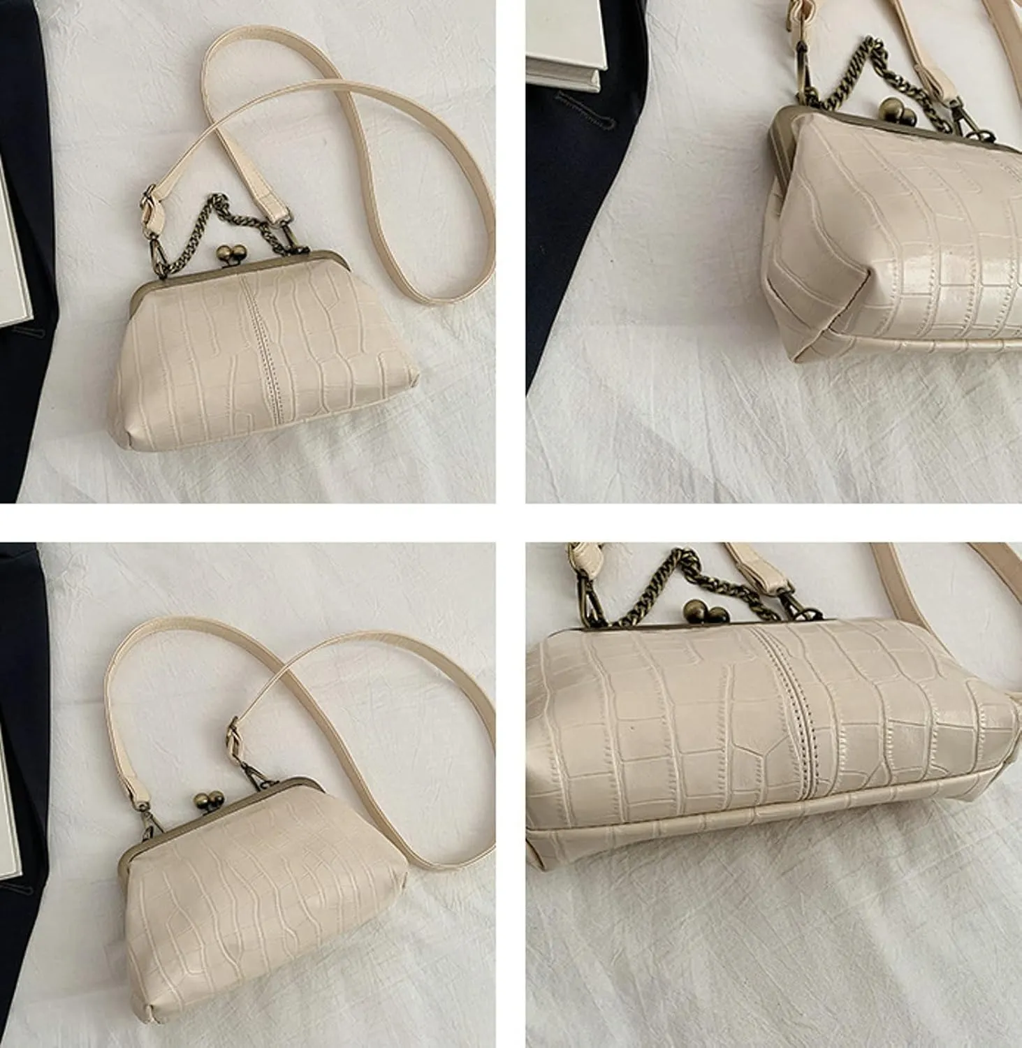 Vintage Kisslock Purse Women Textured Clutch Chain Crossbody 2025 Trendy Retro Shoulder Bag Top Handle Handbag